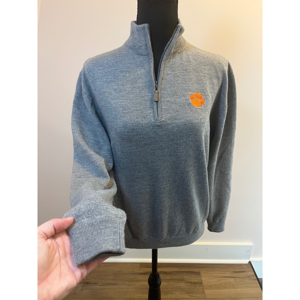 Oobe Clemson Tigers 100% Merino Wool Quarter Zip Sweater Gray Large